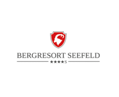 Bergresort Seefeld ****S, Logo und Schrift, weißer Steinbock in rotem Wappen