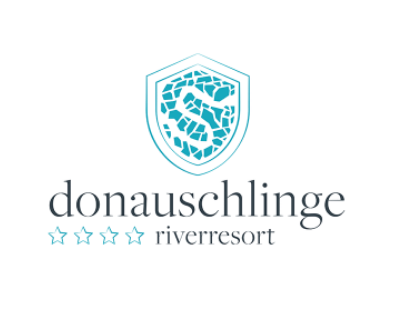 Donauschlinge, Logo und Schrift, türkises Wappen mit Schlinge