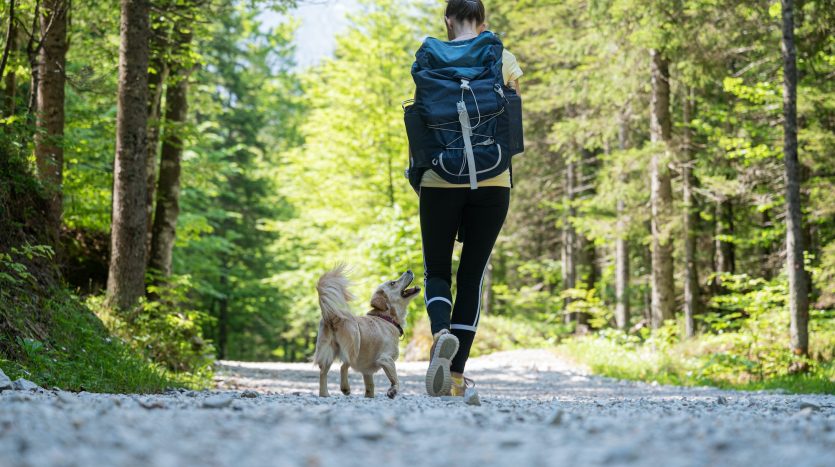 Frau mir Rucksack die neben ihrem Hund geht auf einem Wanderweg