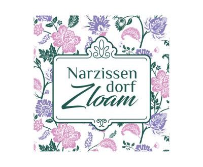Narzissendorf Zloam, Logo. Schrift auf Blumen.