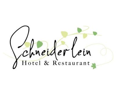 Schneiderlein Hotel & Restaurant Logo, Schriftzug schwarz auf Weiß mit Elementen in Grüntönen