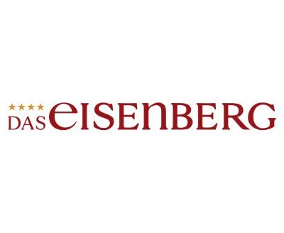 Logo Das Eisenberg, Rote Schrift auf weißem Grund und 4 Sterne in Gelb