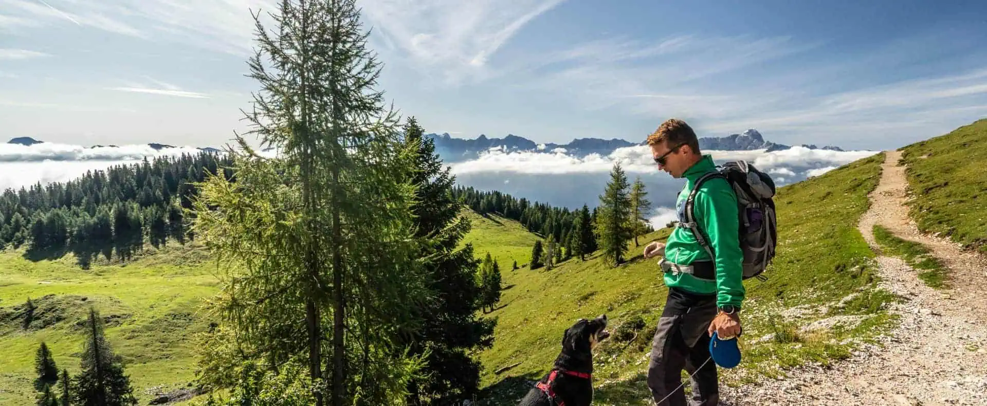 Hund sitzt vor seinem Menschen am Berg beim Wandern. (c)Carolin Thiersch