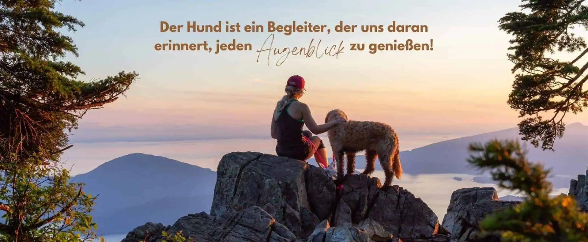Eine Frau sitzt mit Hund auf einem Felsvorsprung und sieht sie sehen sich gemeinsam den Sonnenuntergang an