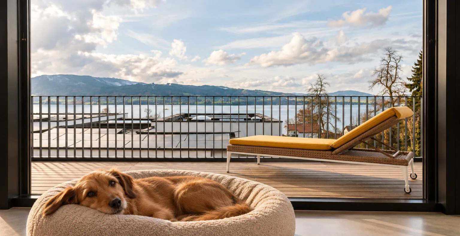 Hund liegt entspannt in seinem Hundebett in der ORANGE LOUNGE in Weyregg am Attersee, mit Blick auf den See und die Berge.